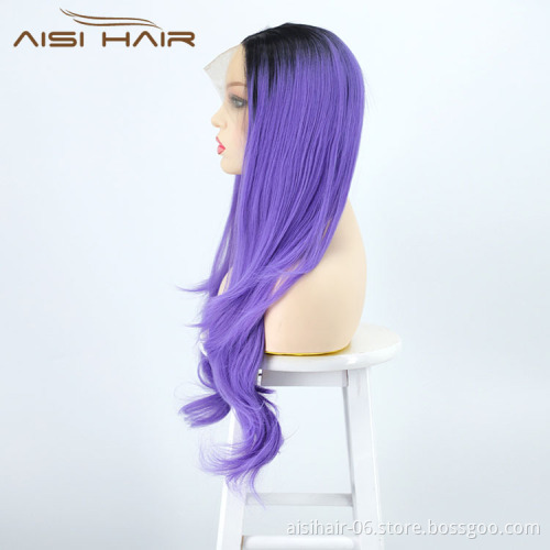 Aisi Hair New Design Party Body Wave Curly Long Wavy Ombre Purple Lace Frontal Synthetic Hair For Black Women Lace Front Wig